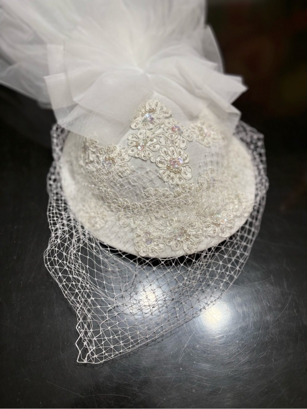 Gorgeous jeweled bridal headpiece with long tulle veil. Never worn